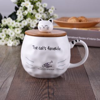 Nordic cartoon cat wooden lid ceramic mug high temperature resistant coffee mug with lid spoon set water cup gift wholesale