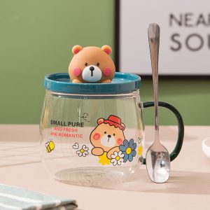 Bear glass cup, mug with lid, spoon for couples with high aesthetic value, home drinking cup, office milk glass cup